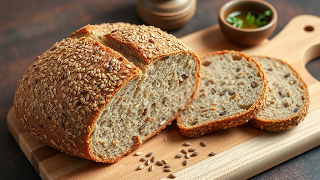 Nutty and Wholesome Multigrain Bread Recipe A rustic loaf of multigrain bread with visible grains and seeds, sliced on a wooden board, accompanied by olive oil and herbs.